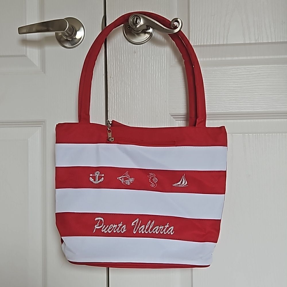 Puerto Vallarta Women's Souvenir Beach Tote With Coin Purse Small Red/ White